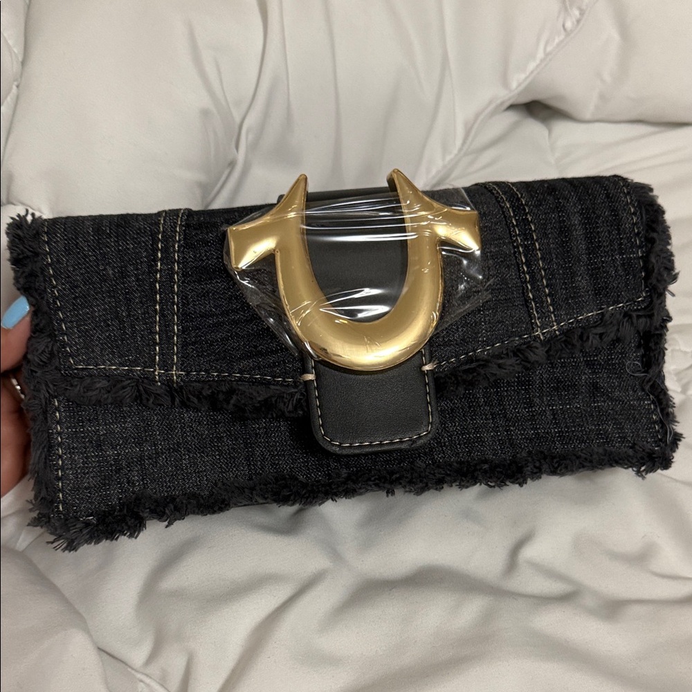 Black Denim Clutch with Gold Accent